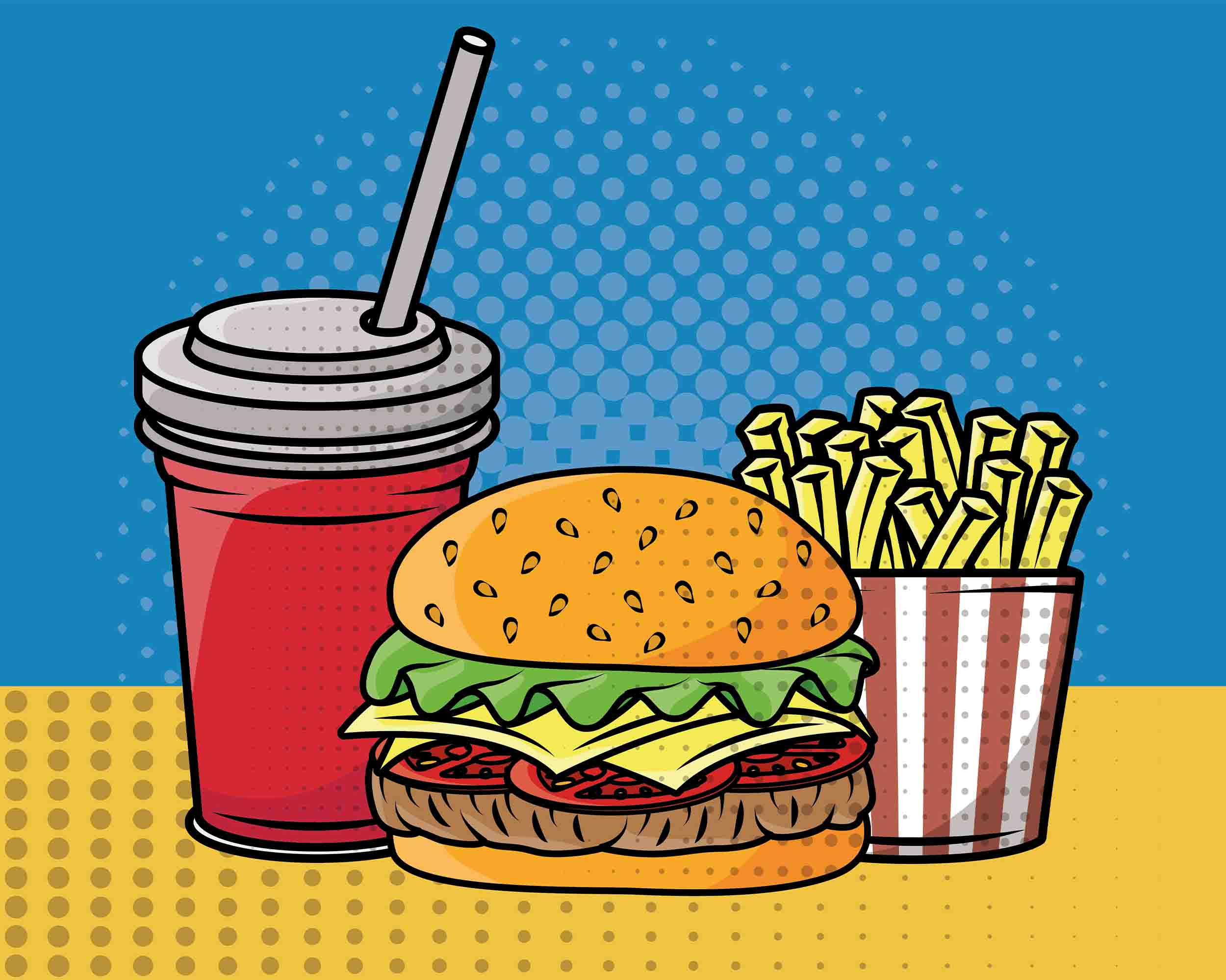 3D Hamburger Chips Drinks Blue Wall Mural Wallpaper YXL 278