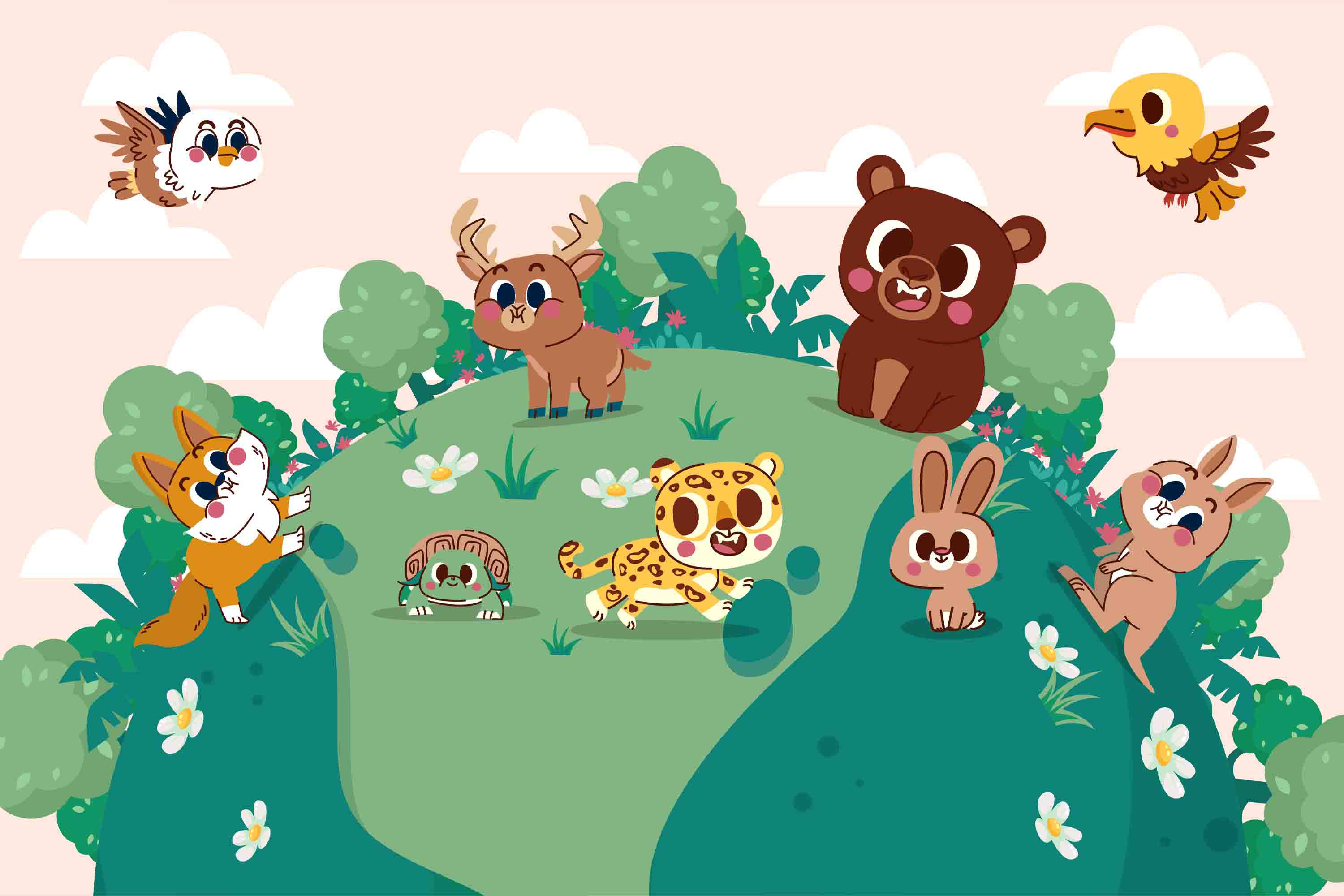 3D Childcare Nursery School Cartoon Kids Animals Zoo Wall Mural Wallpaper JN 19