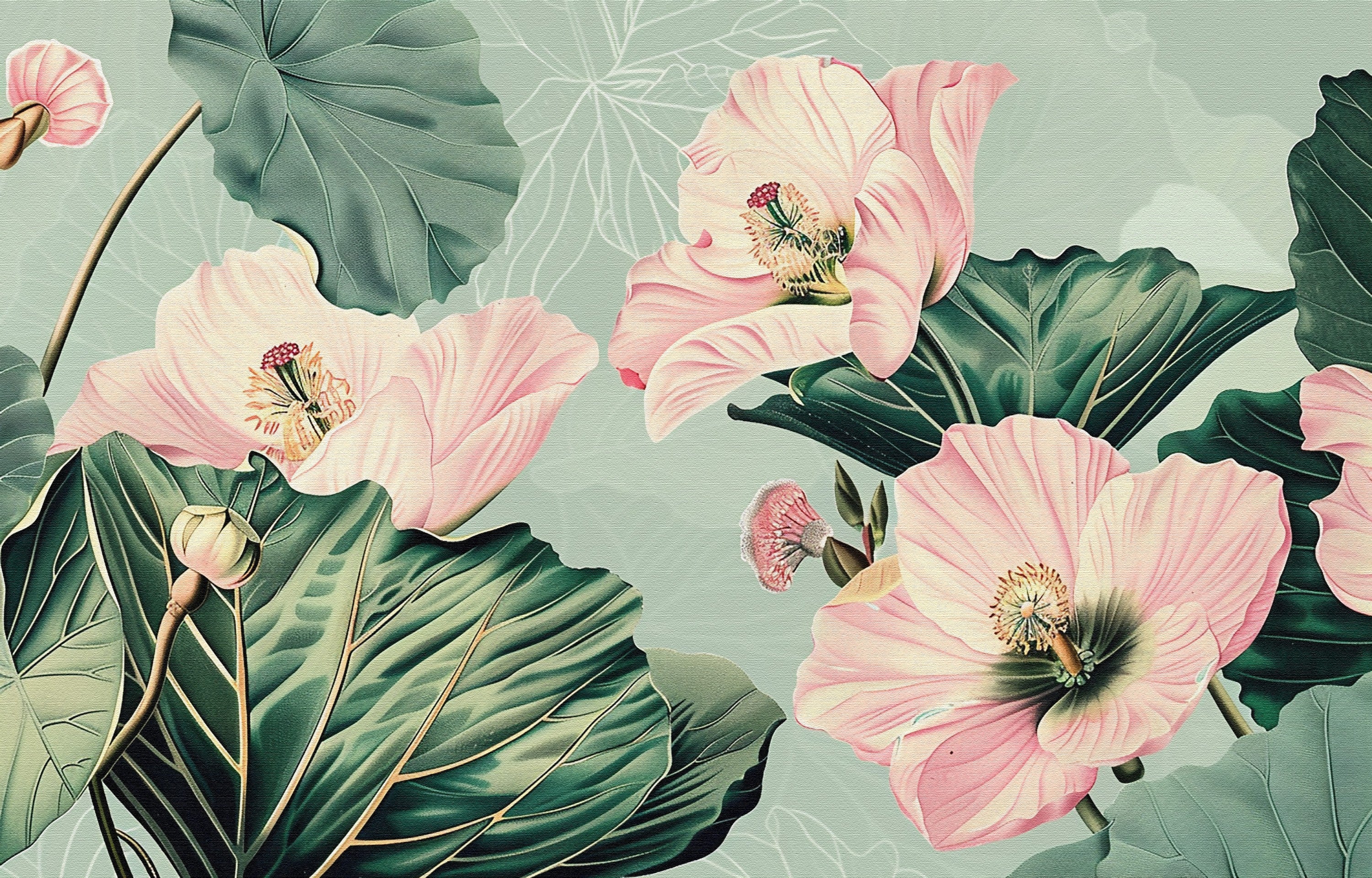 3D Hand Drawn Pink Floral Green Leaves Wallpaper Wall Mural Wall Decor Wall Art Wall Sticker Remoable Wallpaper 24