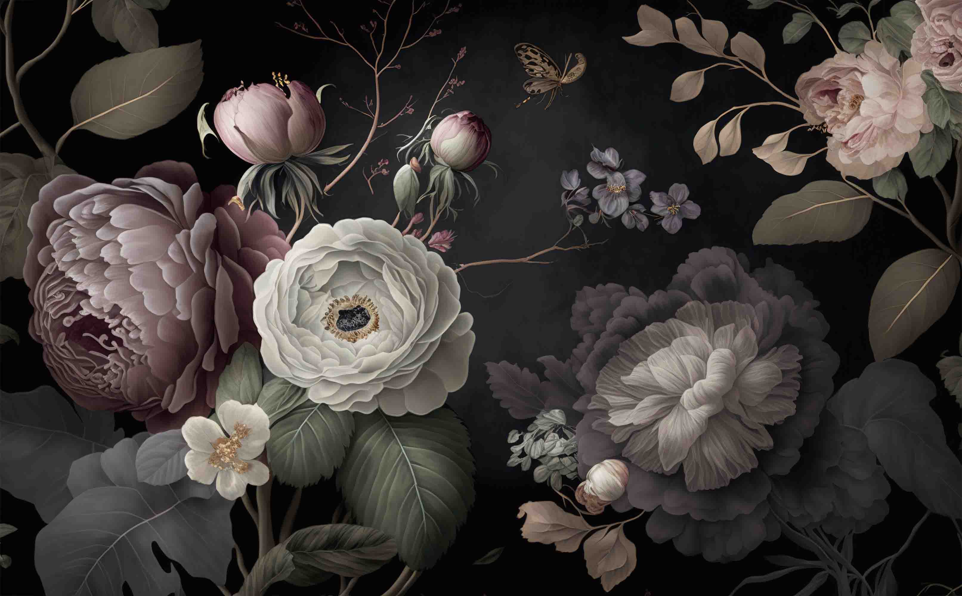 3D Floral Bouquet Dark Background Wallpaper Wall Mural Wall Decor Wall Art Wall Sticker Remoable Wallpaper