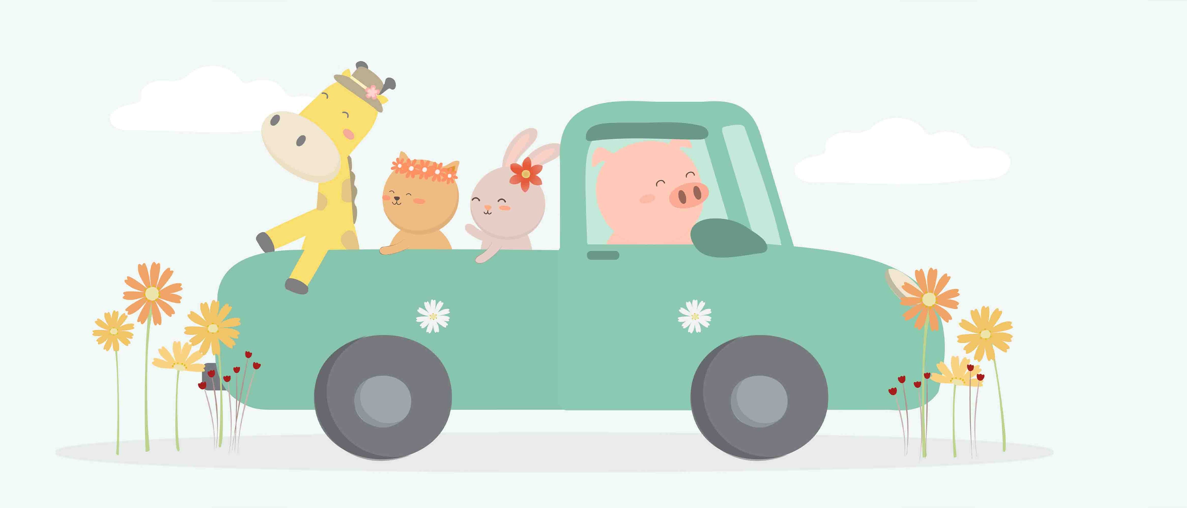 3D Childcare Nursery School Cartoon Kids Animals Car Wall Mural Wallpaper JN