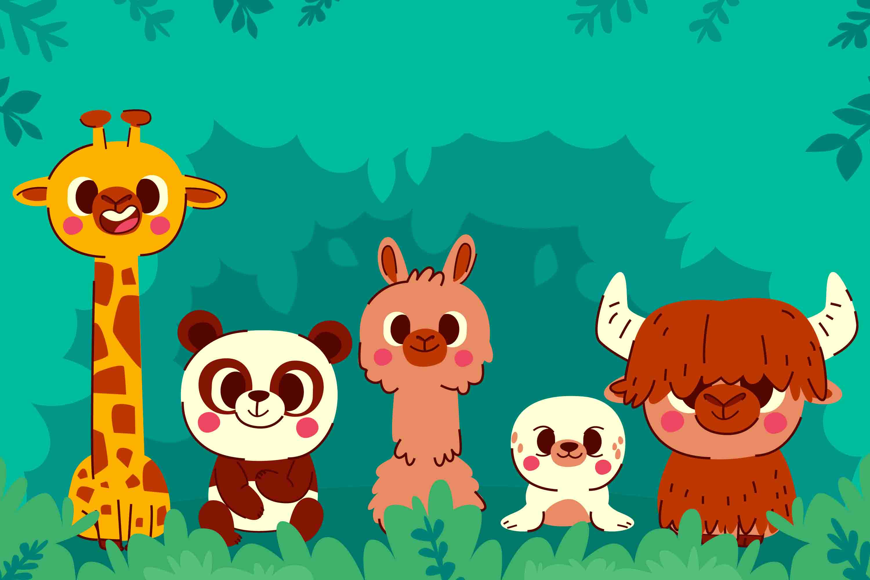 3D Childcare Nursery School Cartoon Animals Kids Green Wall Mural Wallpaper JN