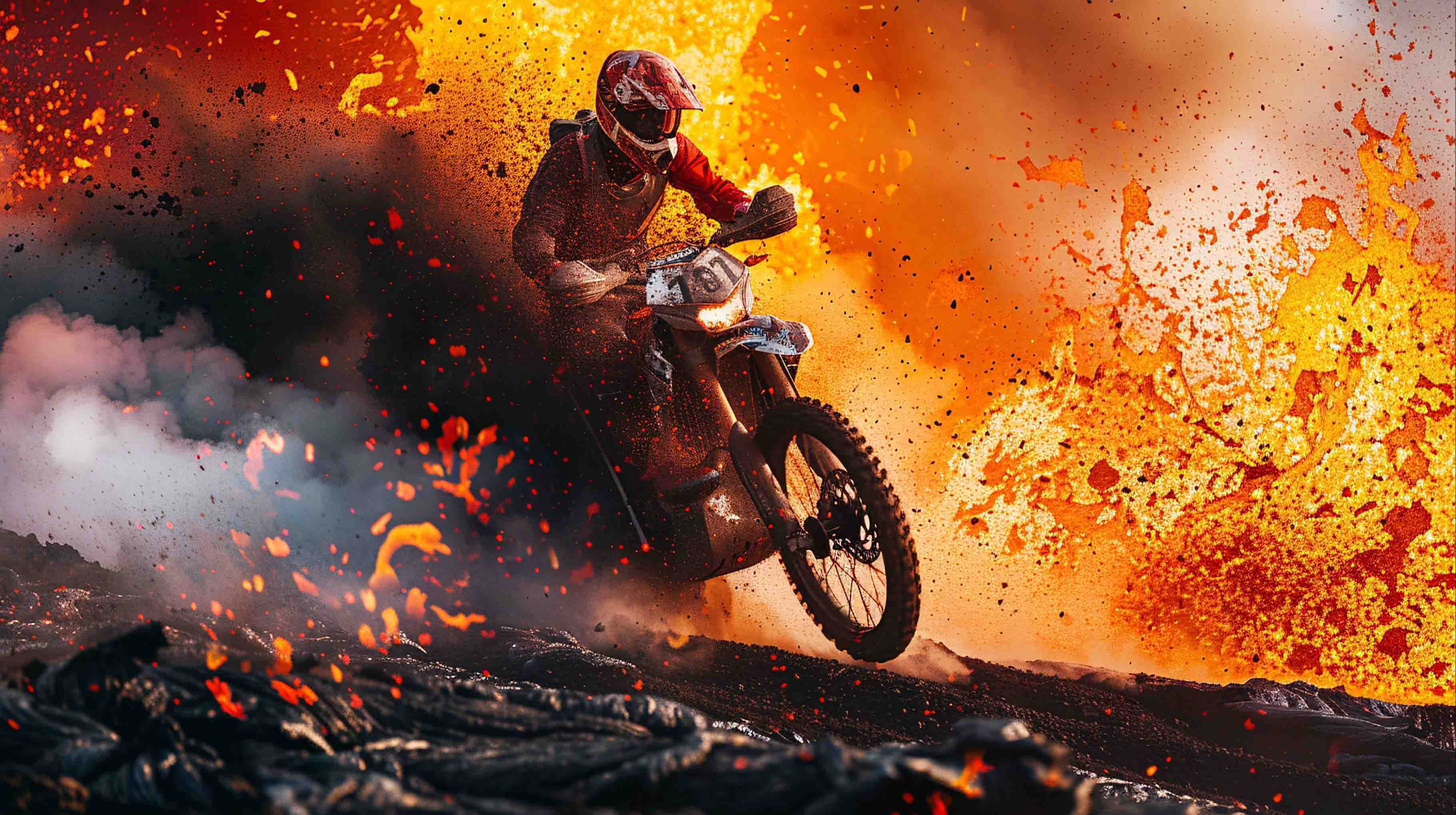 3D Volcano Person Motorbike Fog Wall Mural Wallpaper YXL 78