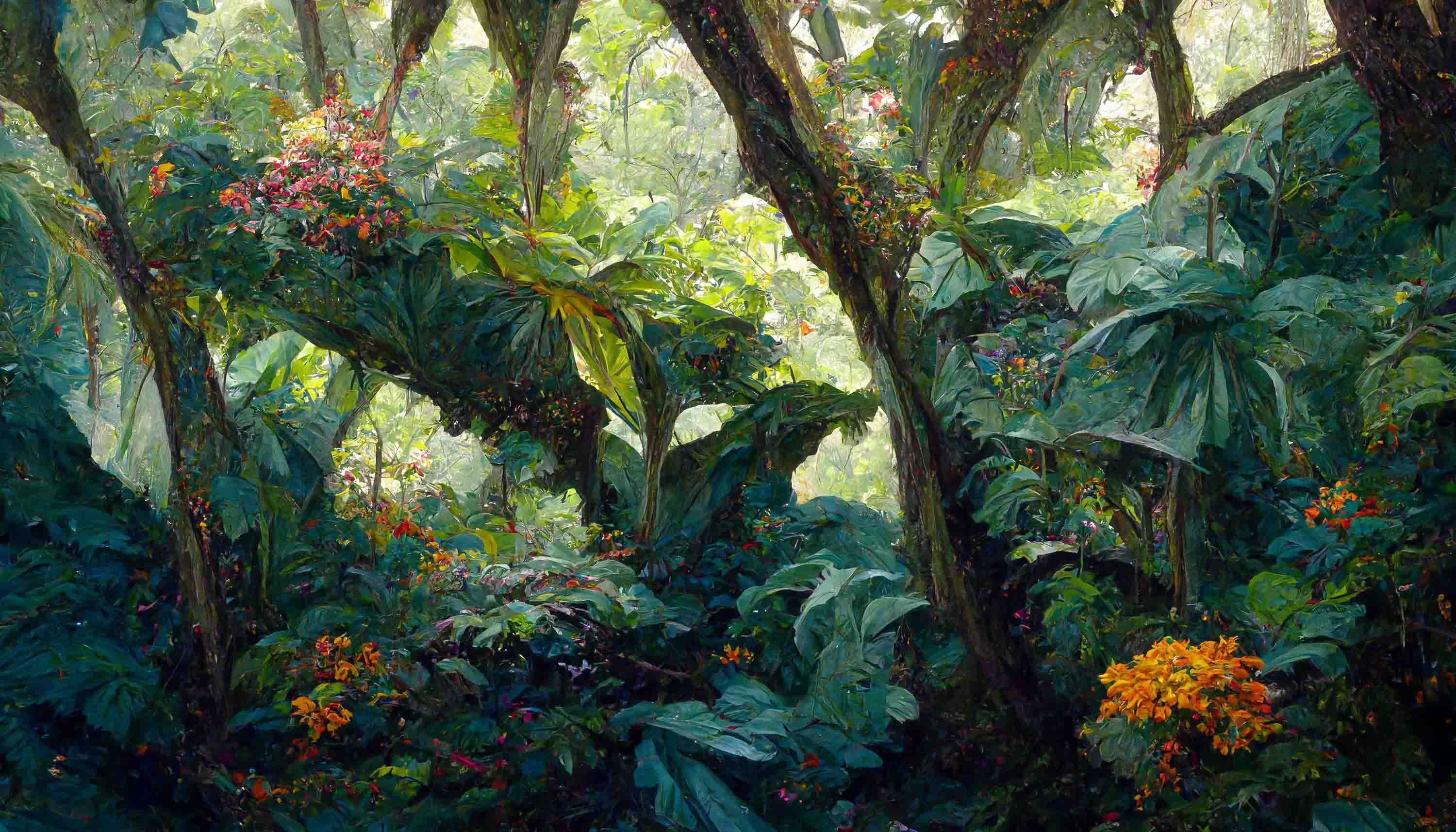 3D Oil Painting Jungle Canopy Big Leaves Flowers Wallpaper Wall Mural Wall Decor Wall Art Wall Sticker Remoable Wallpaper LQH