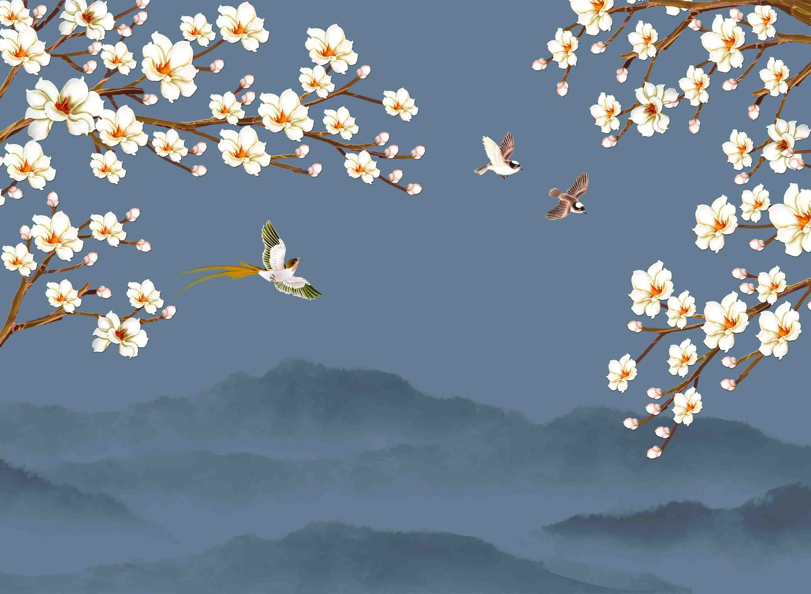 3D Blue Blossom Bird Wall Mural Wallpaper 2683