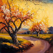 3D Oil Painting Tree Peach Blossom Grassland Road Stone Wall Mural Wallpaper YXL 130