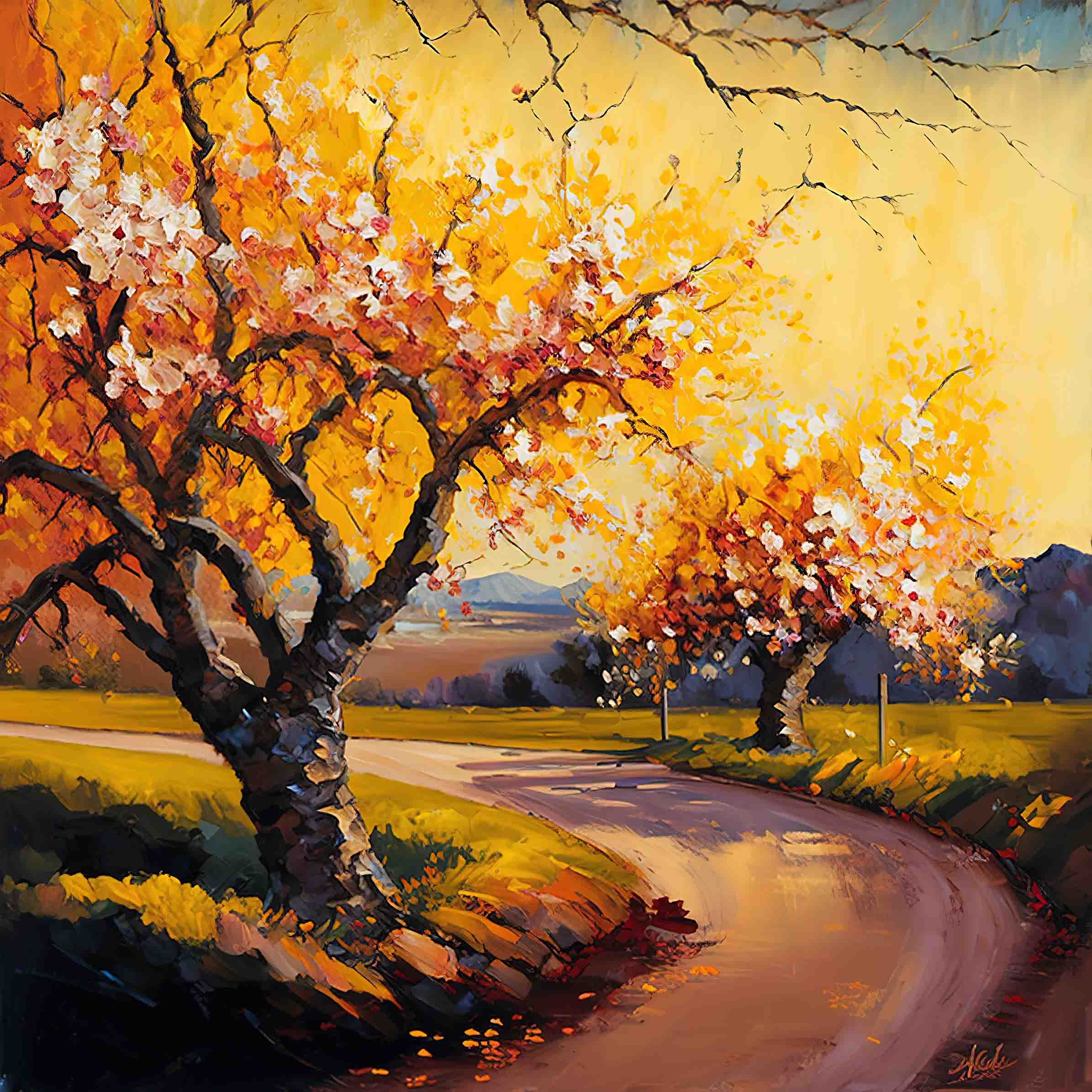 3D Oil Painting Tree Peach Blossom Grassland Road Stone Wall Mural Wallpaper YXL 130