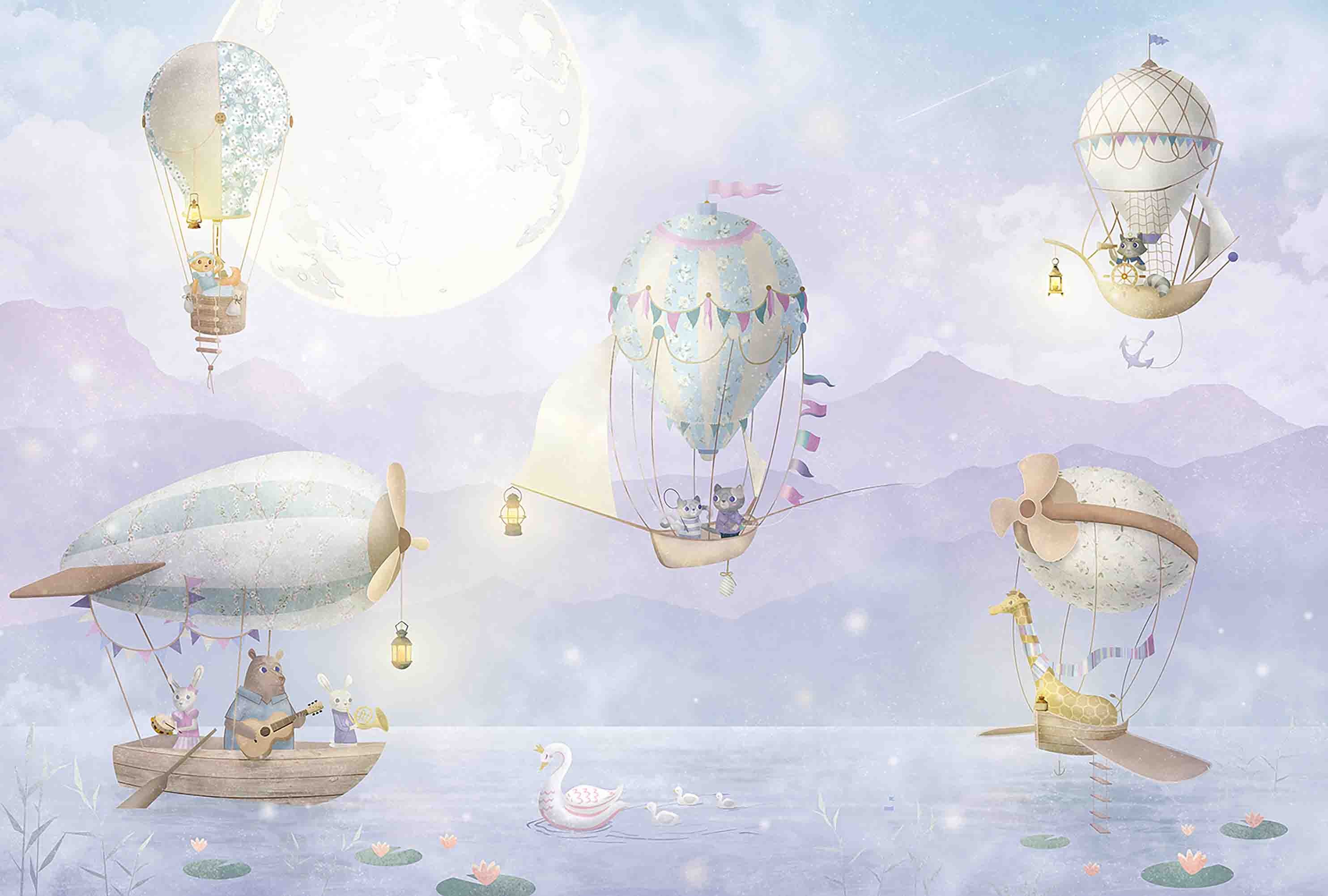 3D Animal Hydrogen Balloon Rabbit Cat Goose Bear Wall Mural Wallpaper YXL 28