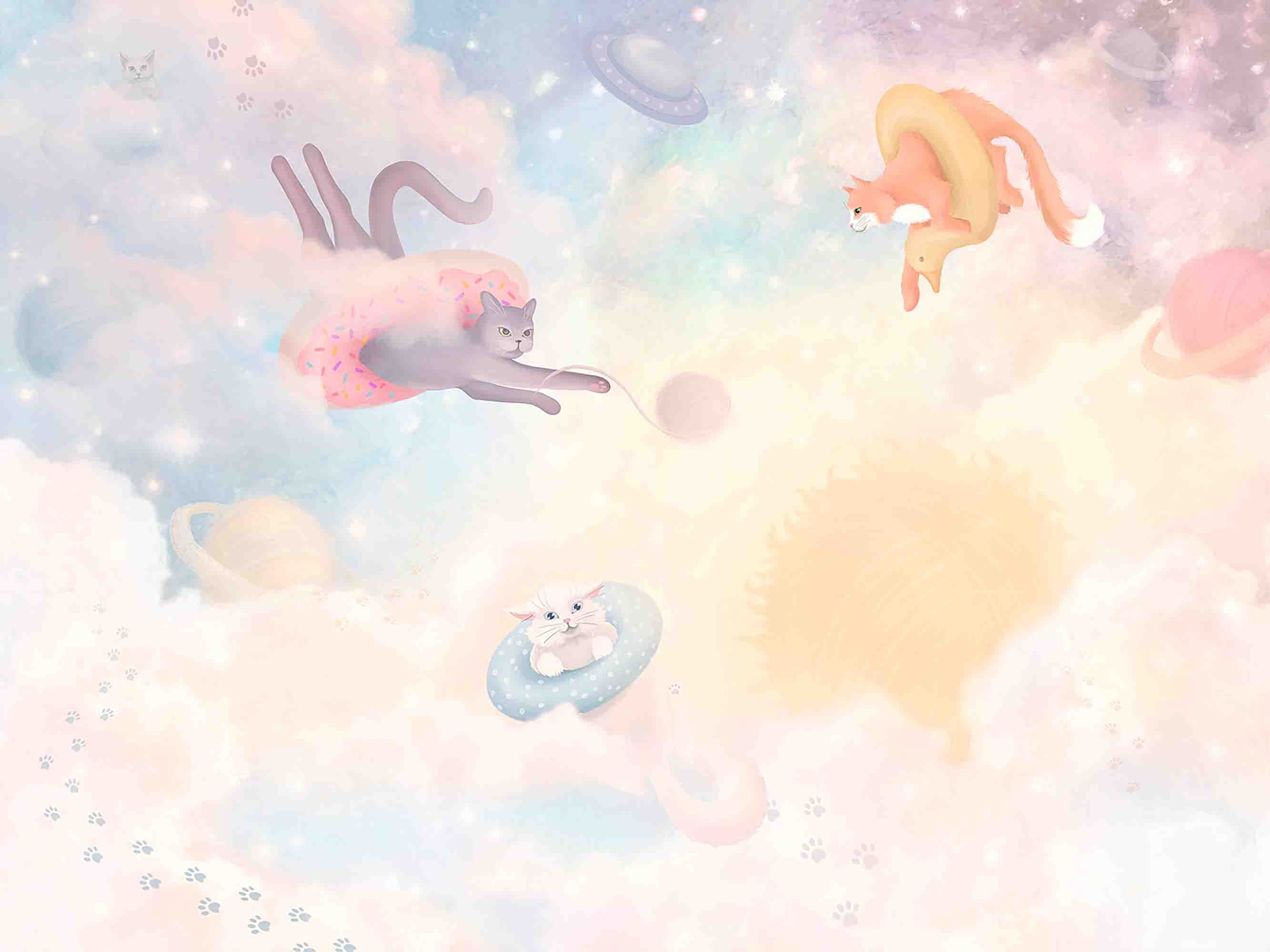 3D Animal Cat Swim Ring Cloud The Earth Space Station Wall Mural Wallpaper YXL 29