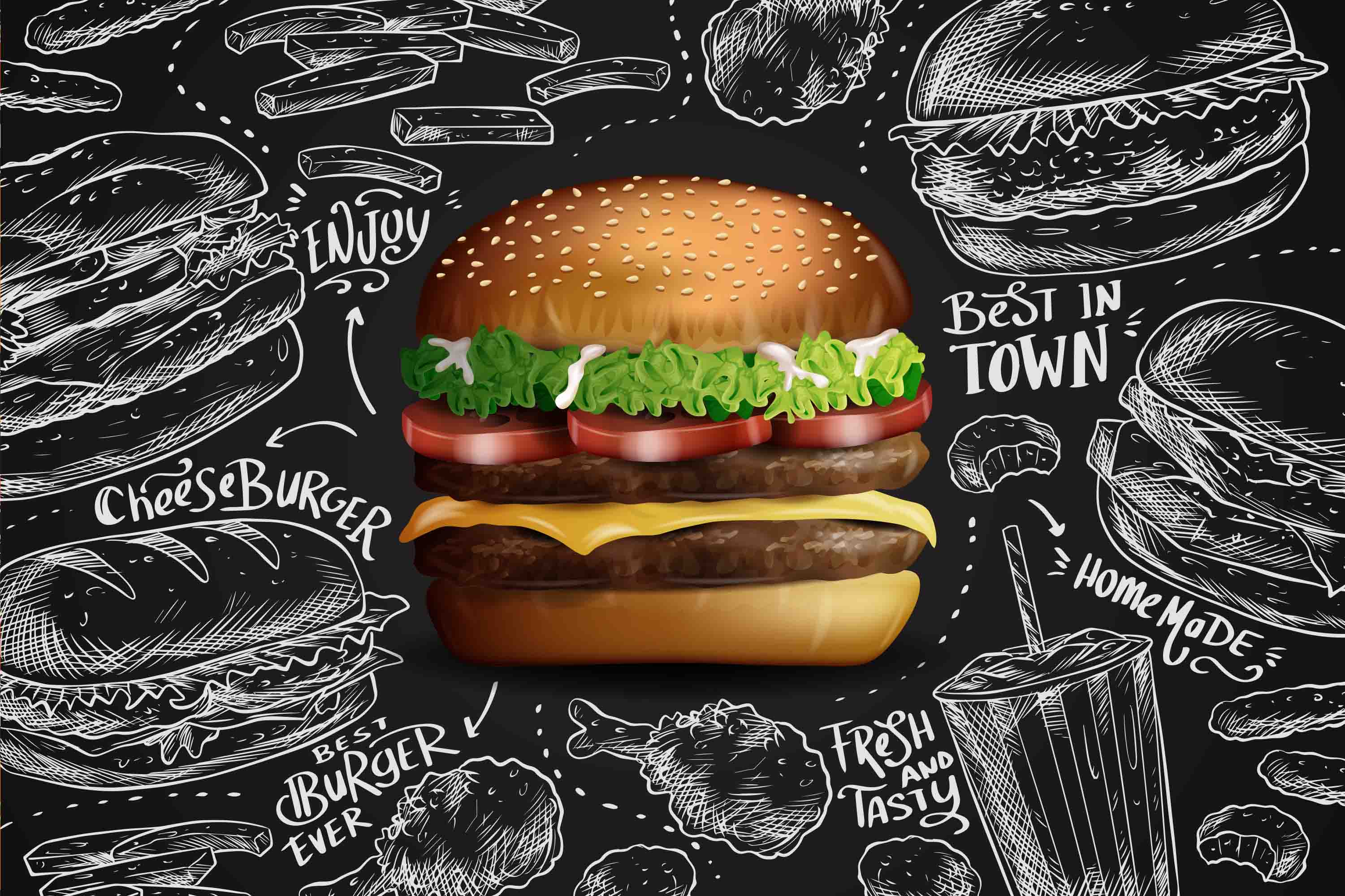 3D Restaurant Snack Bar Diner Fast Food Hamburger Cips Fried Chicken Wall Mural Wallpaper 2