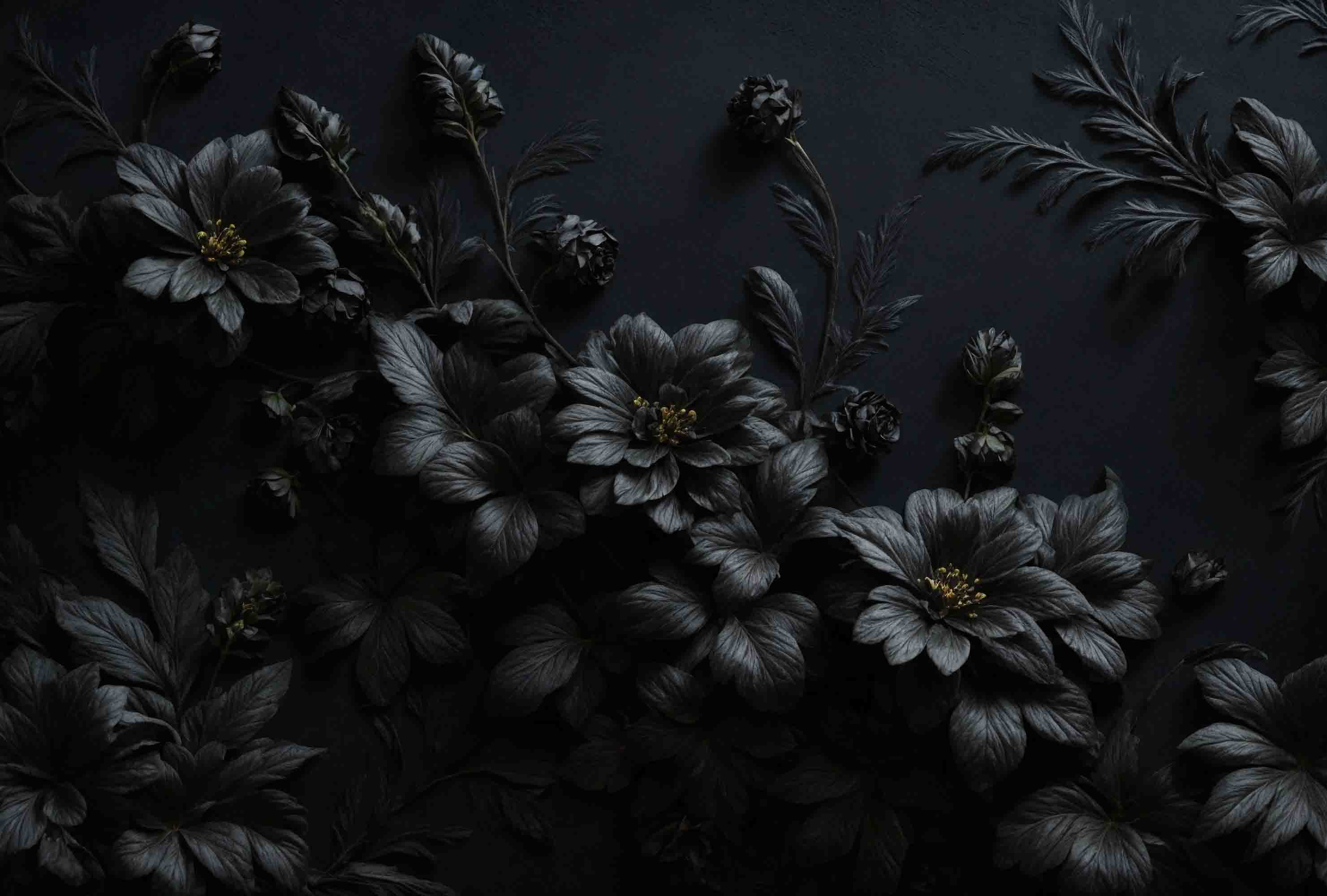 3D Black Floral Leaves Bouquet Dark Background Wallpaper Wall Mural Wall Decor Wall Art Wall Sticker Remoable Wallpaper