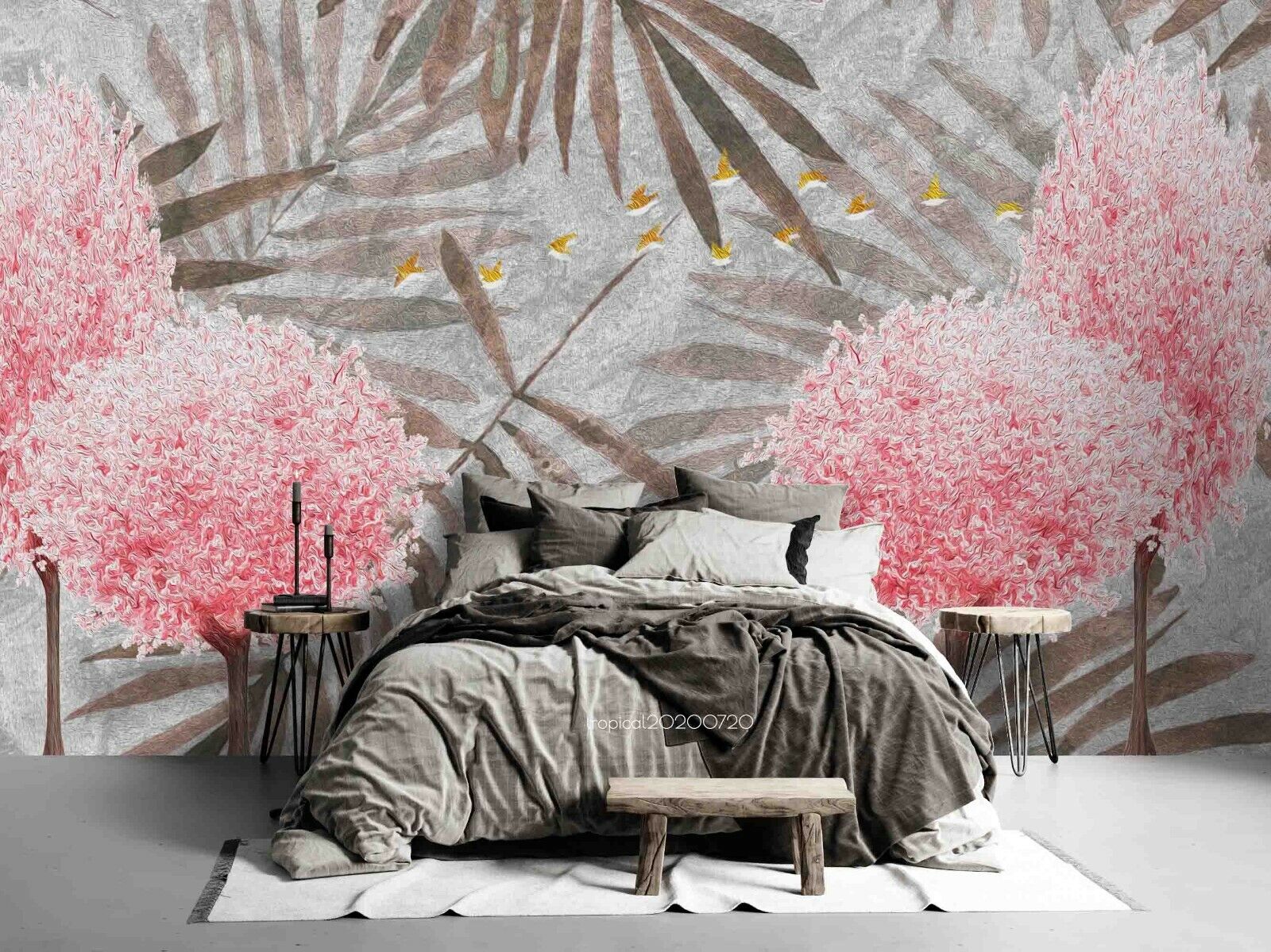 3D Pink Gypsophila Branch soft cherry blossom botanical wall mural wallpaper for bedroom