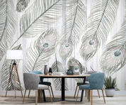 3D Grey Feather Line Art minimal feather line art wall mural wallpaper for dining room