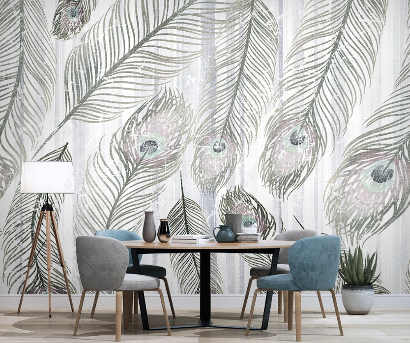 3D Grey Feather Line Art minimal feather line art wall mural wallpaper for dining room