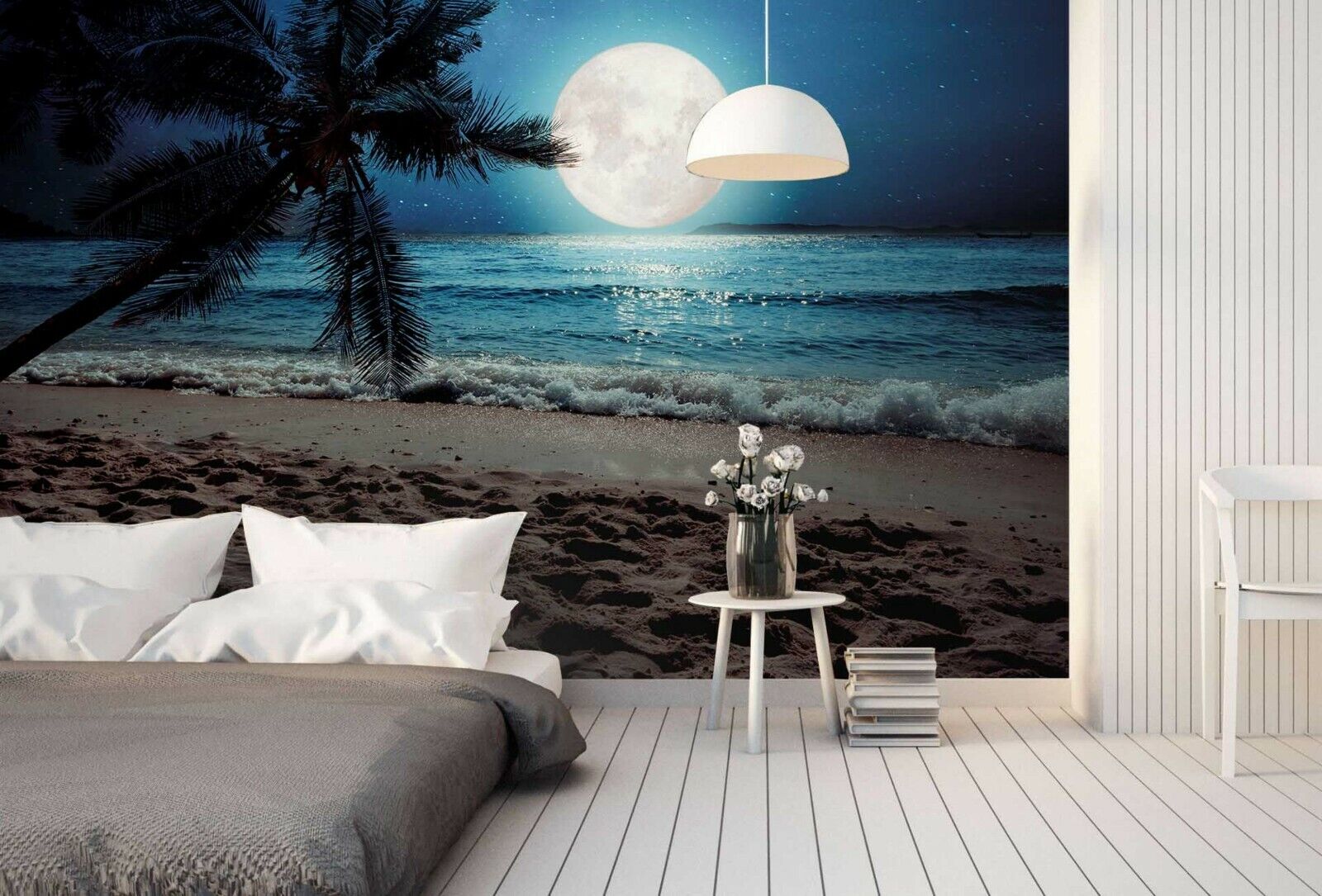 3D Moonlit Beach Palm moonlit tropical beach scene wall mural wallpaper for bedroom