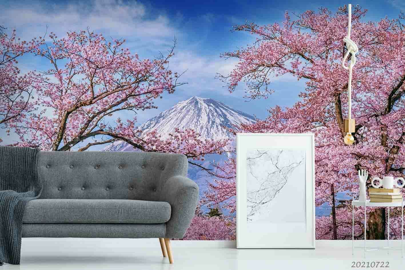 3D Sakura Mountain Sky cherry blossom mountain landscape wall mural wallpaper for living room