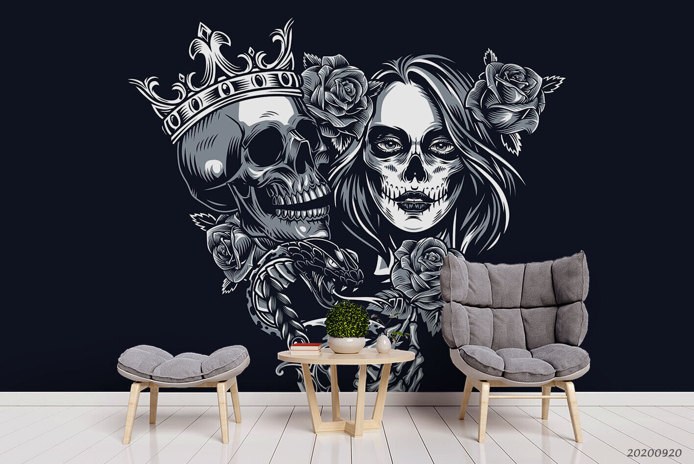 Floral Skull Rose Crown Gothic Wallpaper gothic street art wall mural for bedroom or studio - view 2