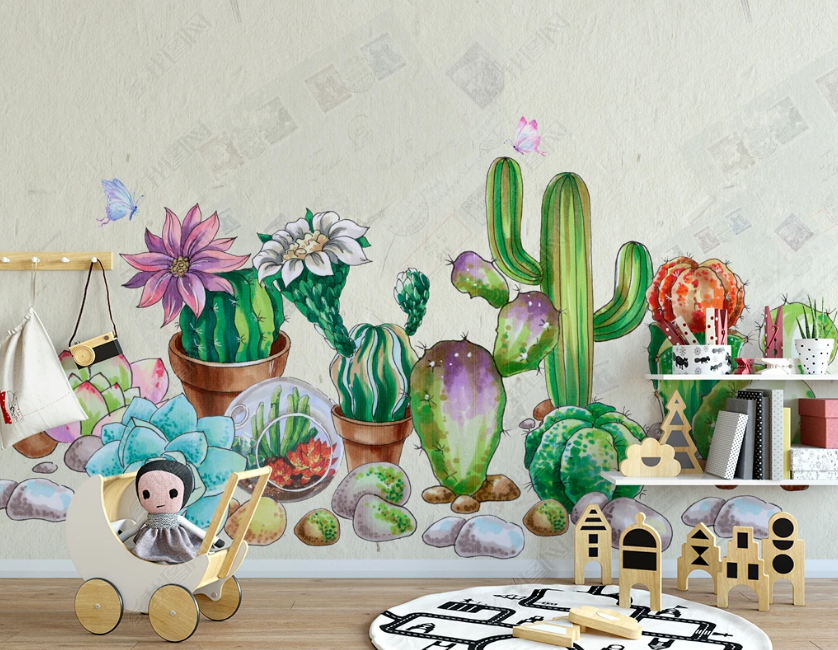 3D Succulent Cactus Garden playful cactus and succulent illustration wall mural wallpaper for kids room