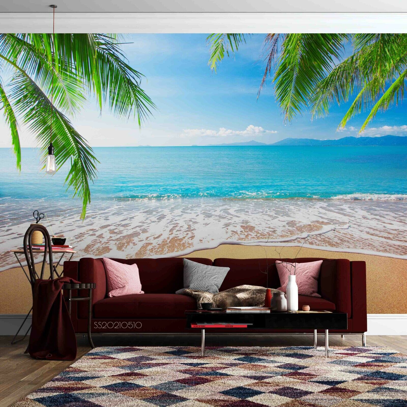 3D Tree Sandbeach Sea Stone Spindrift Wall Mural Wallpaper YXL 1068