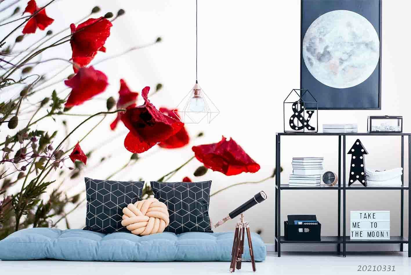 3D Red Wildflower Branch bold red floral branch wall mural wallpaper for living room
