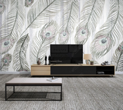 3D Grey Feather Line Art minimal feather line art wall mural wallpaper for dining room - view 2