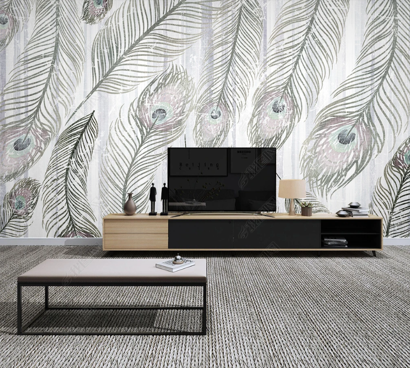 3D Grey Feather Line Art minimal feather line art wall mural wallpaper for dining room - view 2