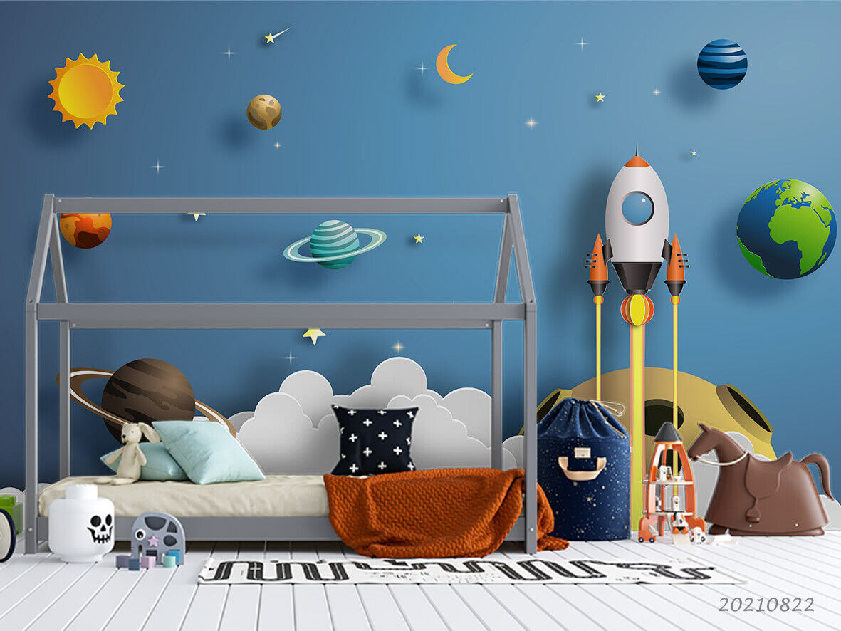 3D Rocket Solar System rocket solar system space scene wall mural wallpaper for kids room