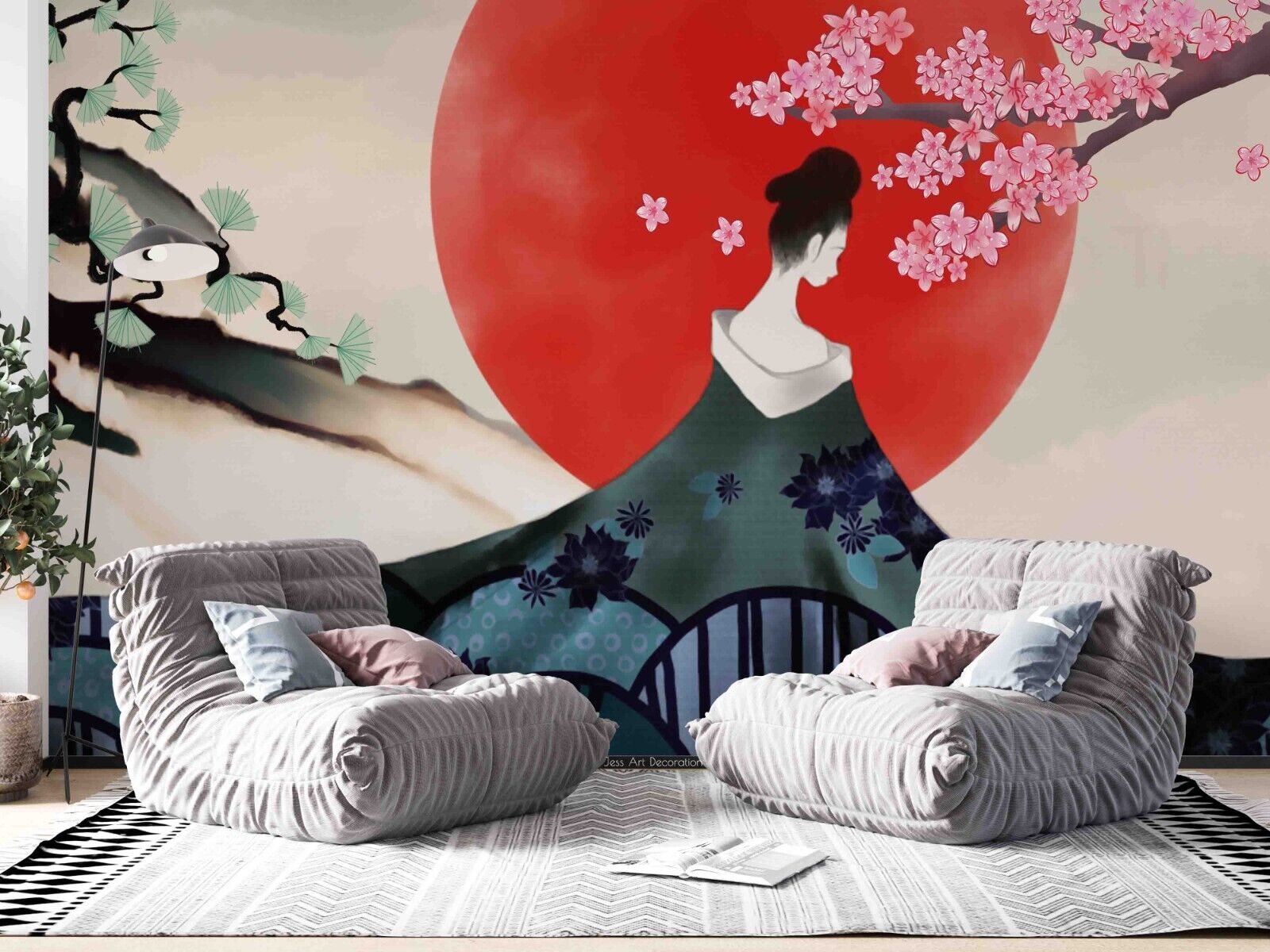 3D Cartoon Sun Floral Tree Woman Wall Mural Wallpaper YXL 763