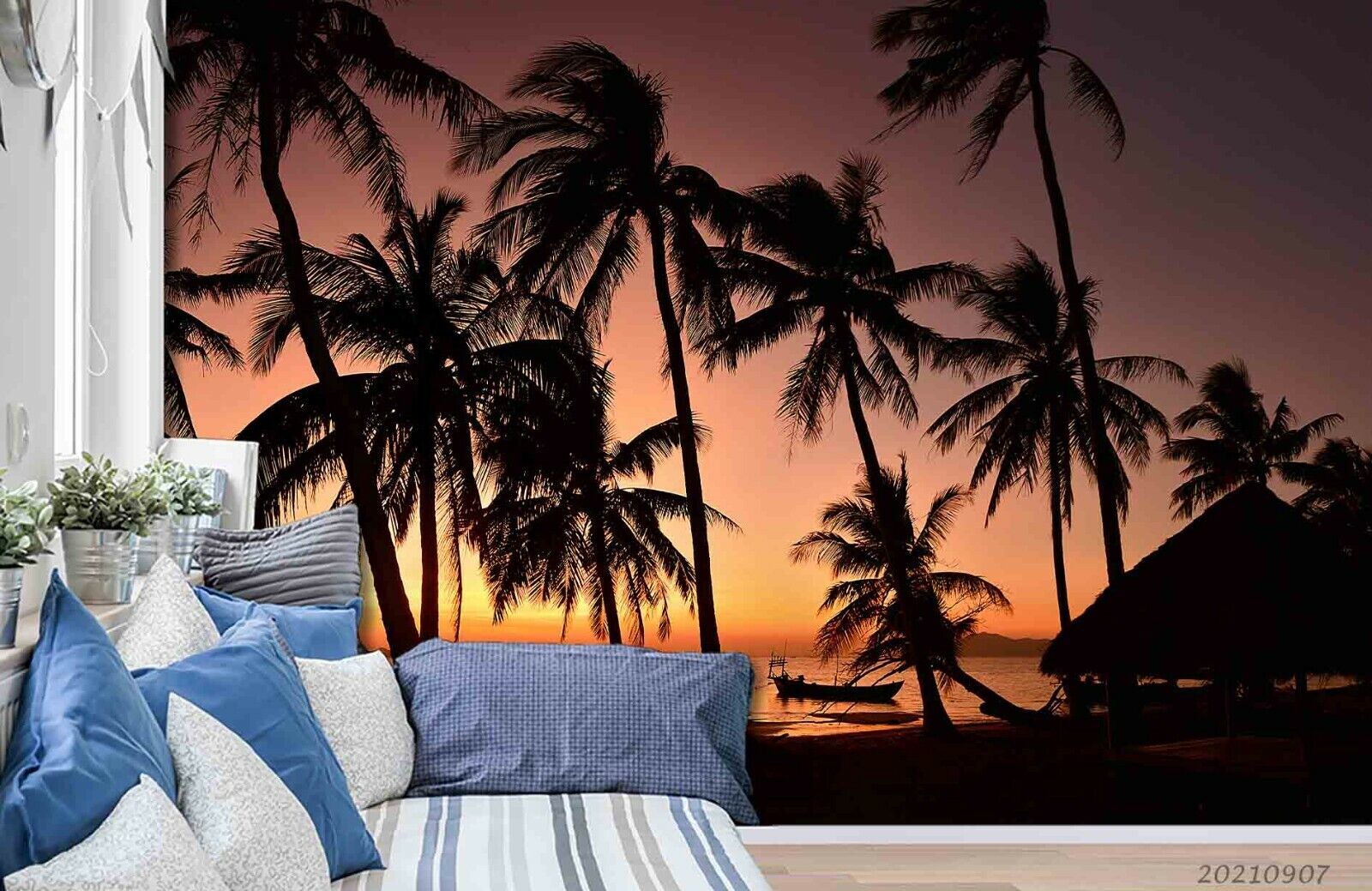 3D Night Tree Sea Tent Sunrise Wall Mural Wallpaper YXL 1043