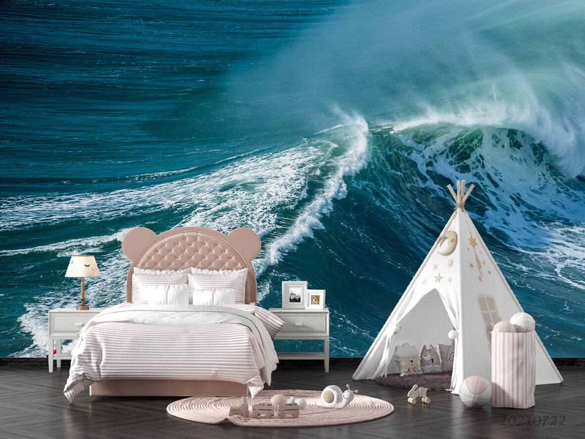 3D Blue Ocean Wave Splash powerful blue ocean wave wall mural wallpaper for kids room