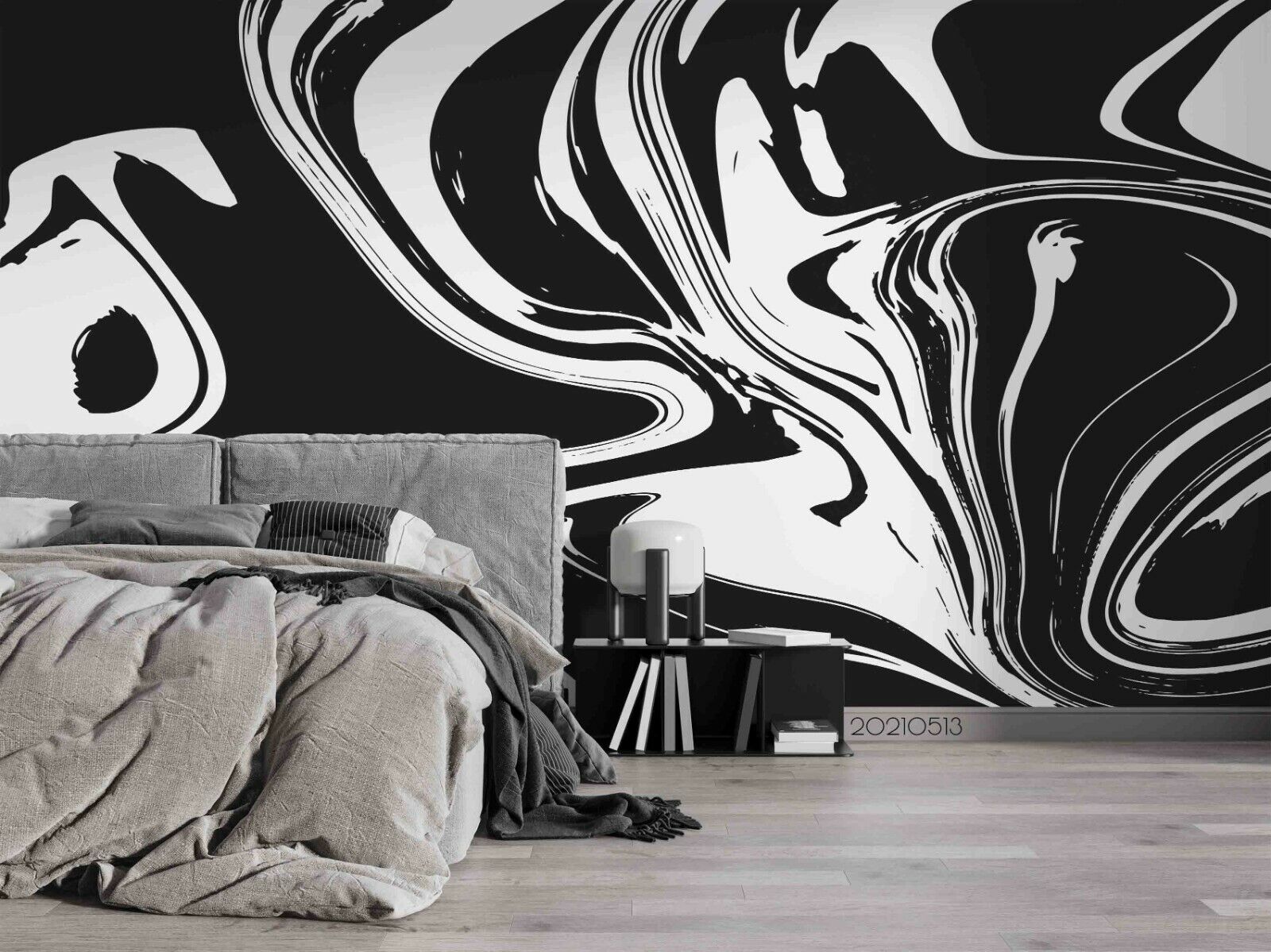 3D Black White Ripple bold black white ripple pattern wall mural wallpaper for living room - view 2