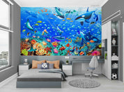 3D Coral Reef Whale Fish colourful coral reef ocean scene wall mural wallpaper for playroom