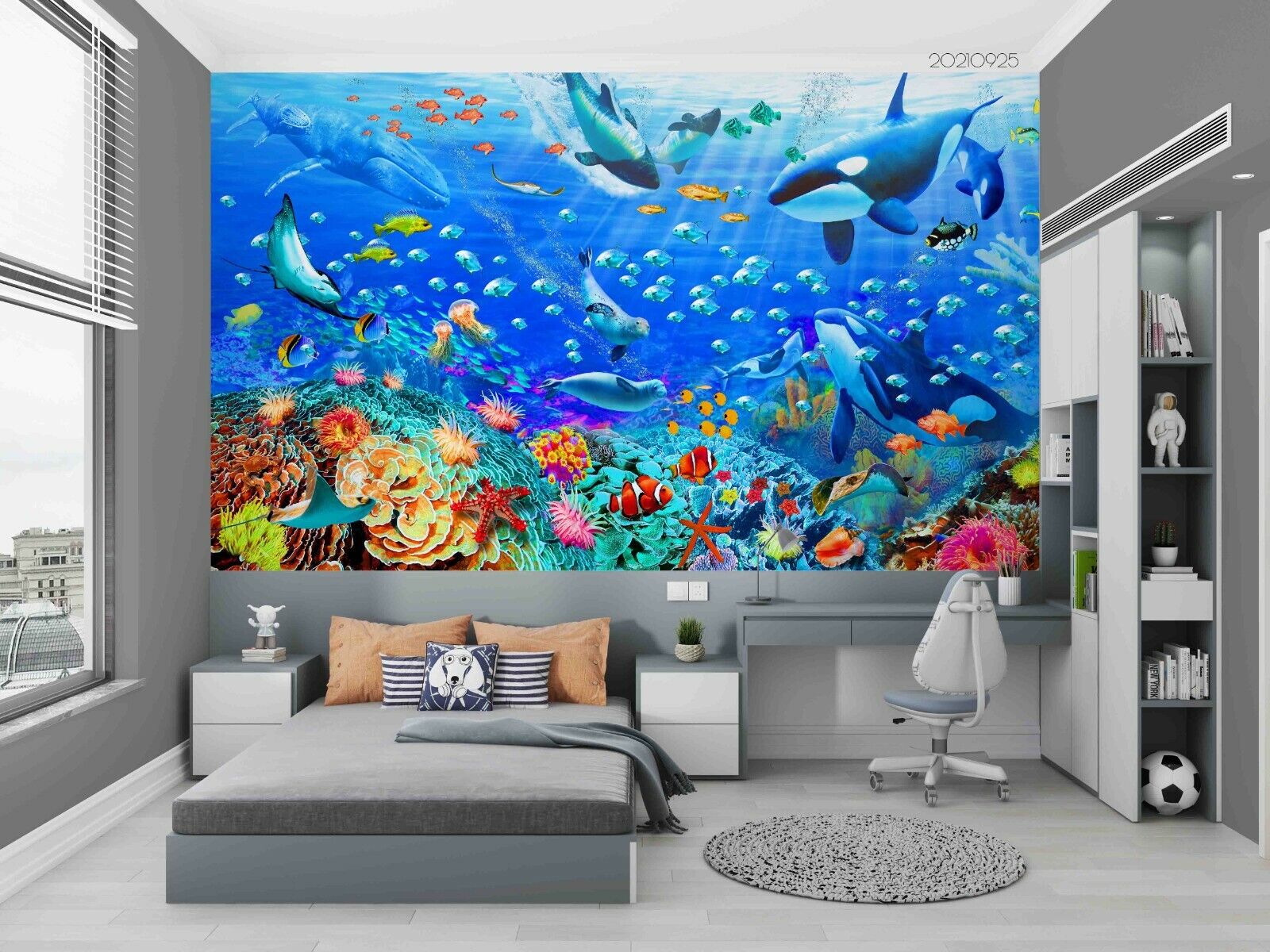 3D Coral Reef Whale Fish colourful coral reef ocean scene wall mural wallpaper for playroom