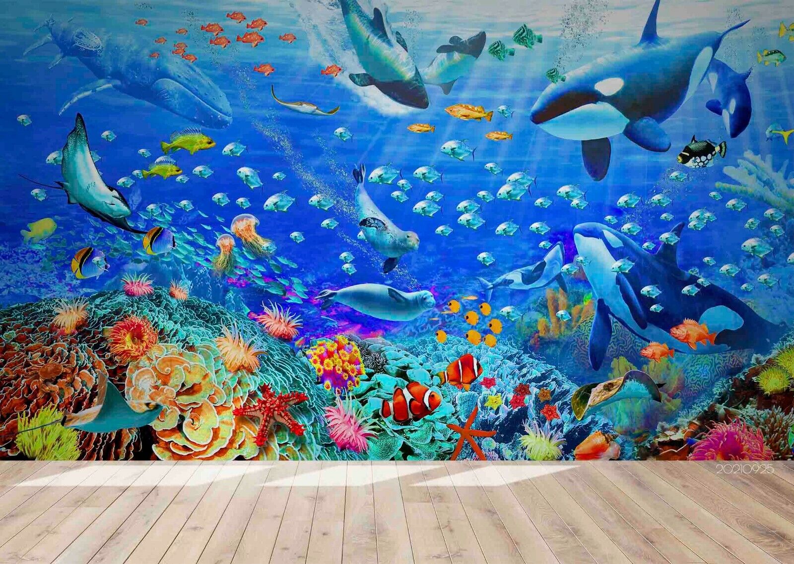 3D Whale Coral Reef whale coral reef ocean mural wall mural wallpaper for playroom - view 4