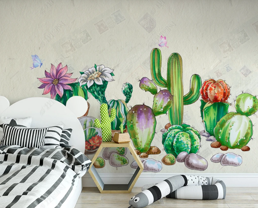 3D Succulent Cactus Garden playful cactus and succulent illustration wall mural wallpaper for kids room - view 2