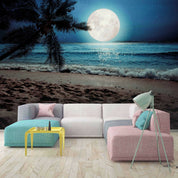 3D Moonlit Beach Palm moonlit tropical beach scene wall mural wallpaper for bedroom - view 4