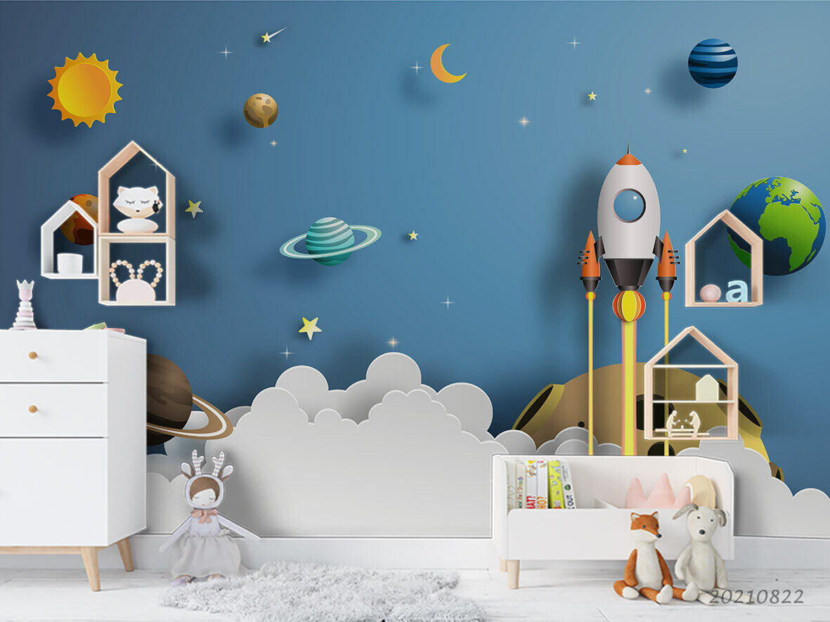 3D Rocket Solar System rocket solar system space scene wall mural wallpaper for kids room - view 2