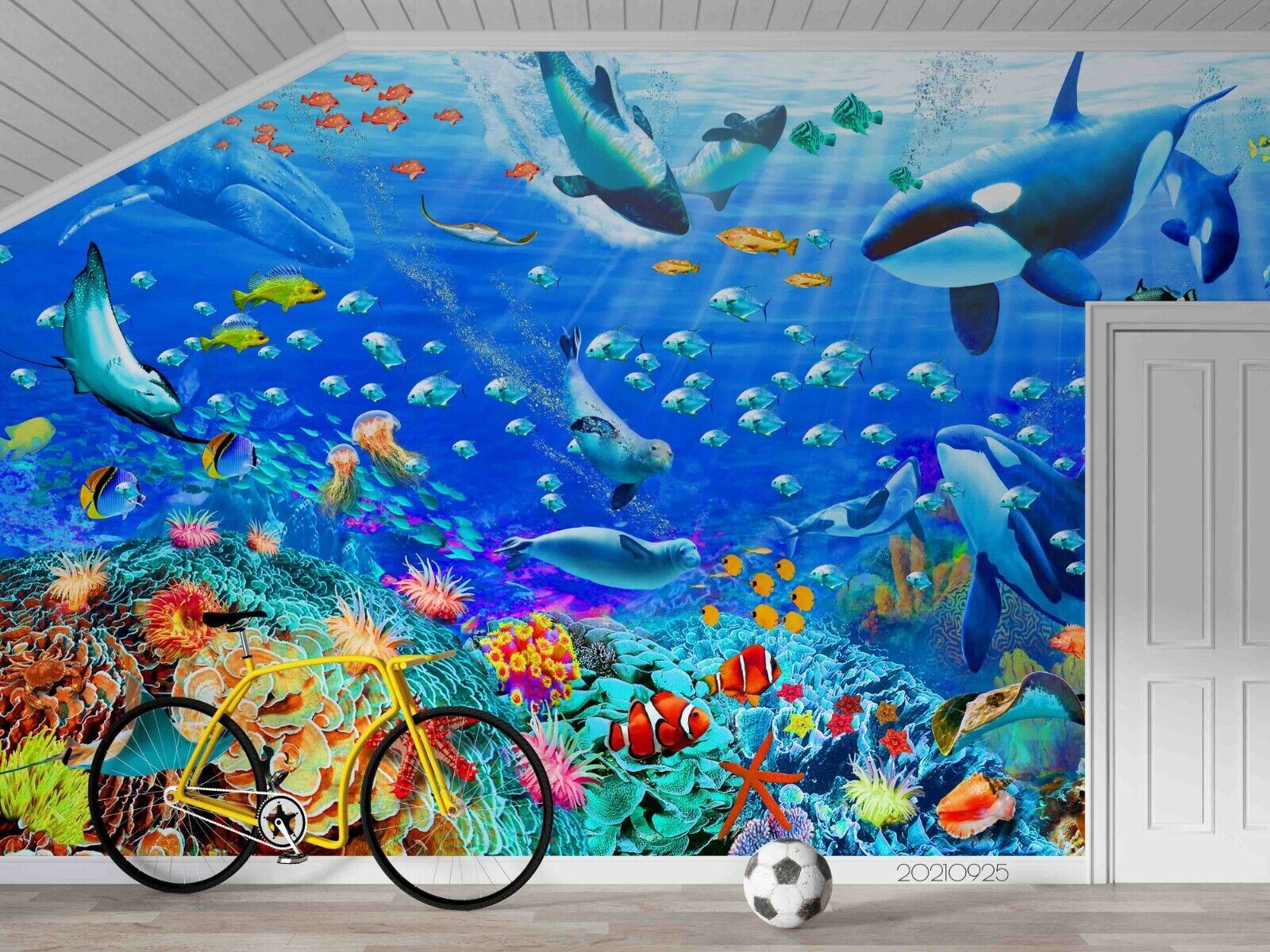 3D Coral Reef Whale Fish colourful coral reef ocean scene wall mural wallpaper for playroom - view 2
