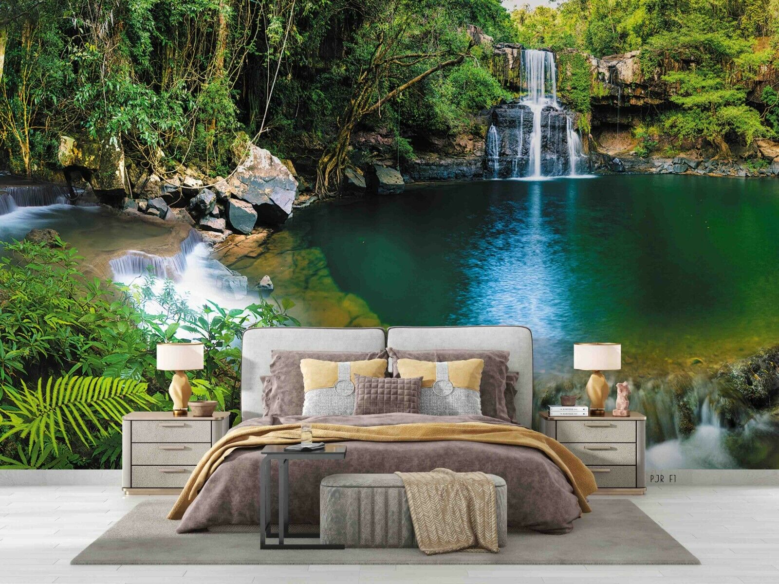 3D Forest Waterfall Lake lush forest waterfall landscape wall mural wallpaper for bedroom - view 2