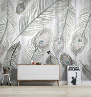 3D Grey Feather Line Art minimal feather line art wall mural wallpaper for dining room - view 3