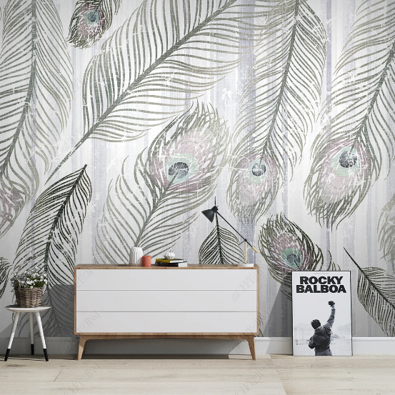 3D Grey Feather Line Art minimal feather line art wall mural wallpaper for dining room - view 3