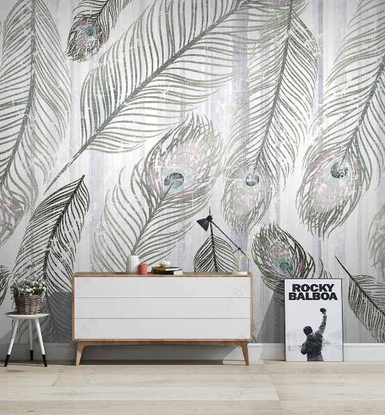 3D Grey Feather Line Art minimal feather line art wall mural wallpaper for dining room - view 3