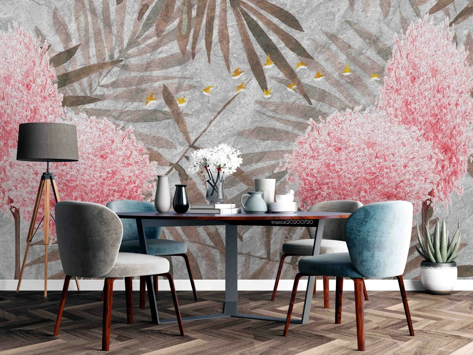 3D Pink Gypsophila Branch soft cherry blossom botanical wall mural wallpaper for bedroom - view 4