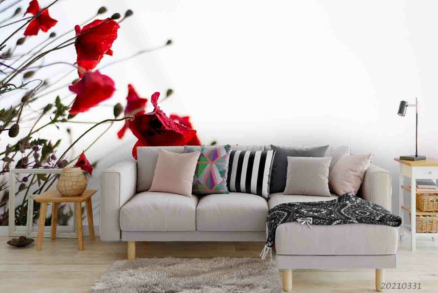 3D Red Wildflower Branch bold red floral branch wall mural wallpaper for living room - view 3
