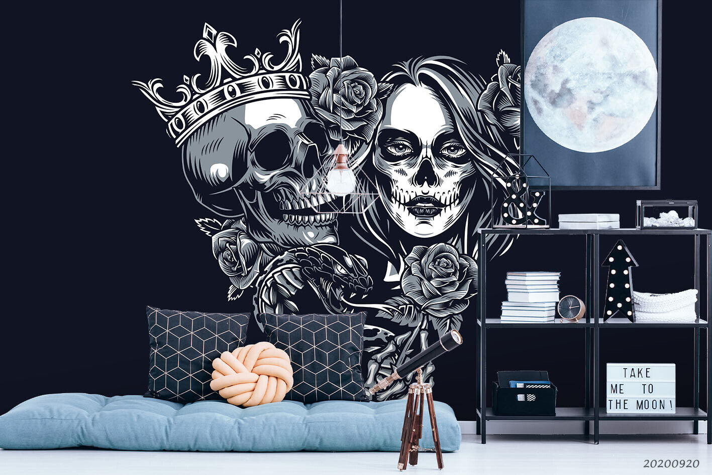 Floral Skull Rose Crown Gothic Wallpaper gothic street art wall mural for bedroom or studio
