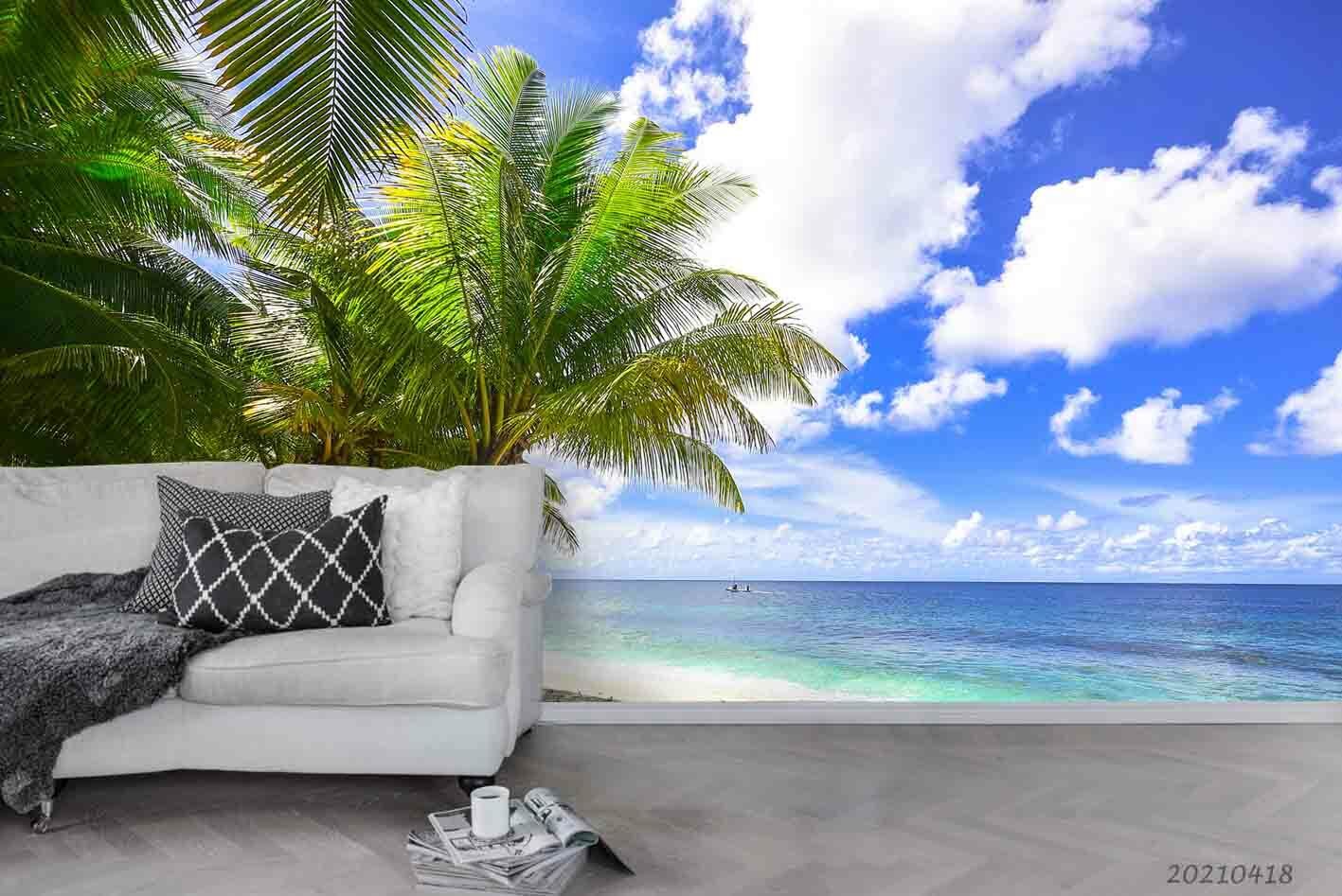 3D Palm Beach Ocean palm tree ocean landscape wall mural wallpaper for living room - view 3