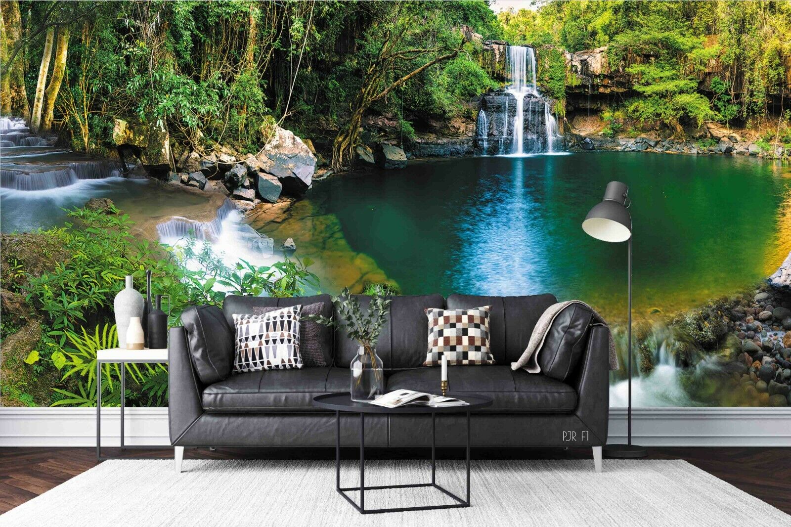 3D Forest Waterfall Lake lush forest waterfall landscape wall mural wallpaper for bedroom - view 3