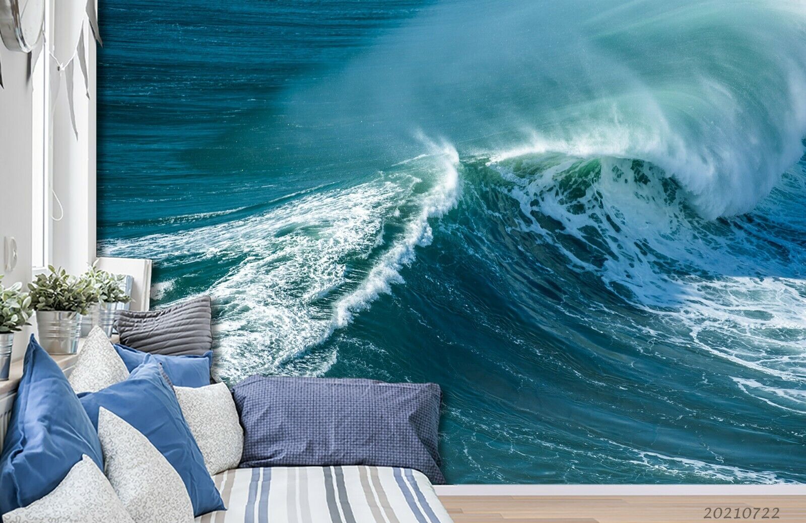 3D Blue Ocean Wave Splash powerful blue ocean wave wall mural wallpaper for kids room - view 2