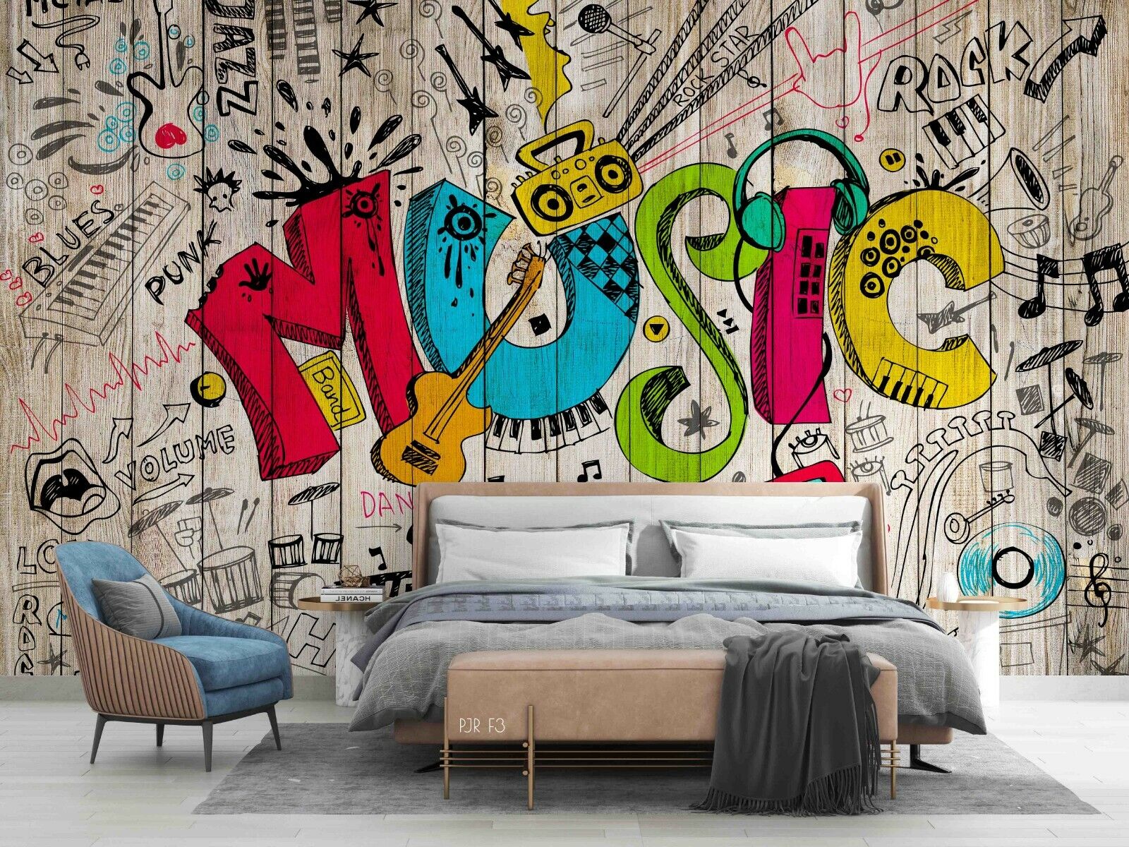 Plank Guitar Letter Earphone Typography Wallpaper typography graffiti wall mural for teen room or studio