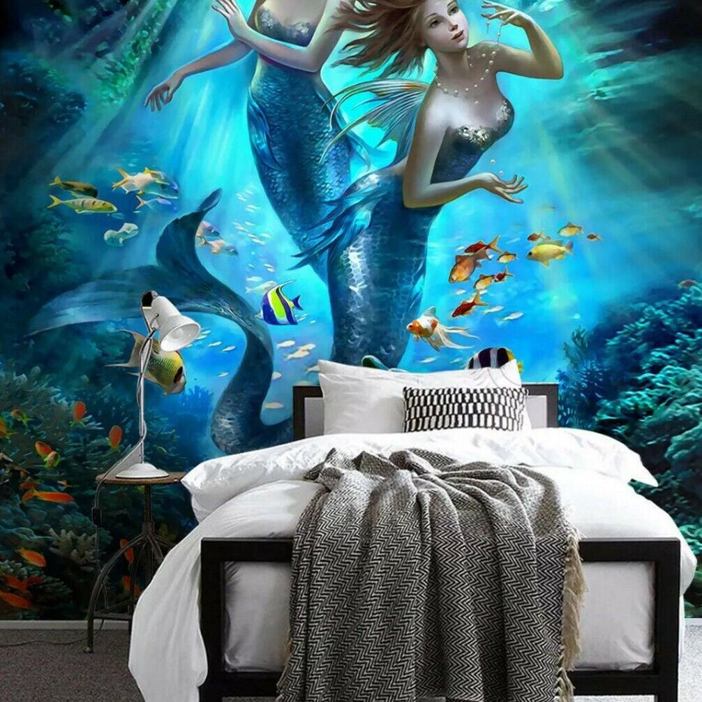 3D Mermaid Ocean World fantasy mermaid underwater scene wall mural wallpaper for kids room - view 2